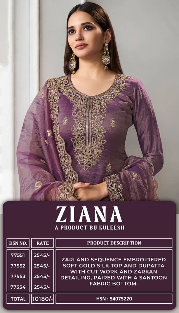 KULEESH - ZIANA by by vinay fashion 77551 To 77554 Designer Festive Suits Collection Beautiful Stylish Fancy Colorful Party Wear & Occasional Wear EMBROIDERED SOFT GOLD SILK Dresses At Wholesale Price